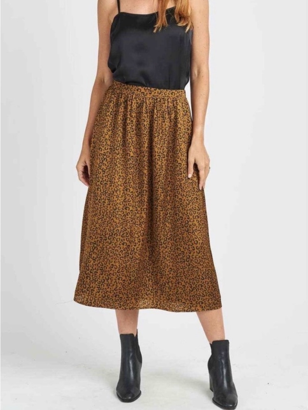 DR2 Leopard Print Satin Midi Skirt S